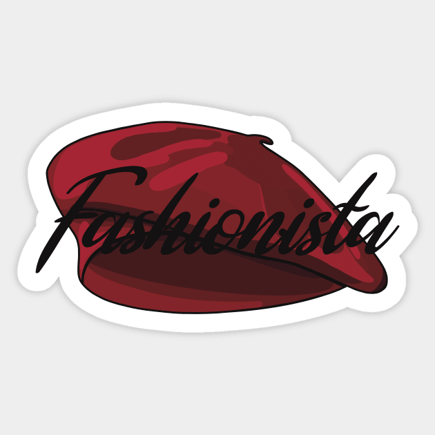 Red French Beret with the word 'Fashionista' in it Sticker by Fruit Tee